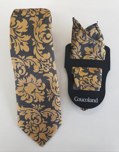 Gold and Brown Floral Silk Tie Set